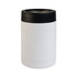 A white drink bottle with a black lid, featuring a sleek design and a logo. Ideal for outdoor activities.