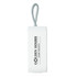 A white portable charger with a braided strap and a logo on the side.