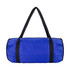 A blue duffle bag with black straps, featuring a simple design and a branding logo.