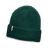 A green knitted beanie with a folded cuff and a logo label.