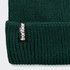 A green ribbed beanie with a logo on the folded cuff.