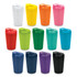 A collection of reusable coffee cups in various colours including white, yellow, orange, pink, red, green, blue, purple, and black. Each cup has a lid and a branding logo.