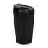 A reusable coffee cup in black, featuring a secure lid and an integrated drinking spout. It has a logo on the side.