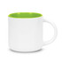 A coffee mug featuring a white exterior and vibrant green interior. It has a sturdy handle and a simple design.