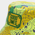 A vibrant yellow and green bucket hat featuring an embroidered patch and a playful, graphic pattern.