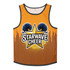 An orange active tank top featuring a star graphic with cheerleading pom-poms and a logo.