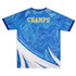A blue active T-shirt featuring a wavy design and a logo on the back. The shirt has short sleeves.