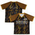 A custom women's active V-neck T-shirt in black and brown with a patterned design and a logo featured.