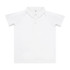 A white custom youth active polo with a collar and button placket, featuring a logo on the front.