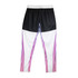 Custom women's active pants in black, white, and purple featuring a sporty design with vertical stripes and an elastic waistband.