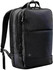 A black laptop backpack featuring multiple compartments and a textured fabric with a smooth base. It has a logo.
