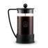 A French press in black with a transparent body, featuring a round lid and a handle, holding brewed coffee.