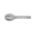 A silver spoon with a logo on the handle, featuring a spoon-shaped head and a long handle.