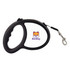 A black retractable dog leash with a handle and a metal clip, featuring a logo.