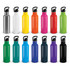A drink bottle collection featuring various colours including silver, white, yellow, orange, pink, green, blue, and black. Each bottle has a handle and a logo.