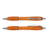A set of Vistro Pens in a translucent orange color, featuring silver accents and a streamlined design.