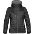 A women's thermal puffer jacket in black with a hood, featuring zippered pockets and a sleek design.