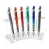 A clear acrylic stand displaying six metallic pens in orange, red, green, blue, and black.