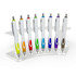 A clear display stand holding eight white pens with colourful accents in green, yellow, orange, red, blue, and purple.