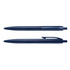 Two navy blue plastic pens are displayed, one with a cap and one without, featuring a logo.