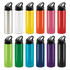 A drink bottle collection featuring various colours: silver, white, yellow, orange, red, pink, green, blue, purple, and black, with flip caps and logos.