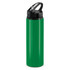A drink bottle in vibrant green with a black flip cap and handle, featuring a branding logo.