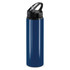 A drink bottle in navy blue with a black flip cap and a handle, featuring a logo.