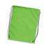 A green drawstring backpack with black cords and a simple design. It has a logo on one side.