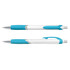 A plastic pen with a white barrel and turquoise accents, featuring a gripped section and clip.