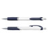 A plastic pen with a white barrel and navy blue details, featuring a smooth grip and a clip. It has a logo.