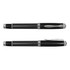 A sleek black rolling ball pen with a carbon fibre grip and chrome accents, featuring a polished clip and branding.