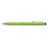 A green stylus pen with silver accents and a clip, featuring a black tip for touchscreens.
