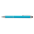 A turquoise stylus pen with silver accents and a clip, featuring a rubber tip for touchscreen use.