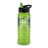 A drink bottle in bright green with a black lid, featuring a design and a logo.