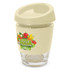 A drink bottle featuring a clear glass base and a light beige silicone lid, with a fruit and vegetable design.