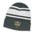 A grey beanie with white stripes and an embroidered logo on the front.