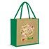 A jute tote bag with green handles, featuring a colourful design and a logo on one side.