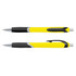 A yellow plastic pen with a black grip and silver accents, featuring a logo.