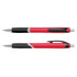 A red plastic pen with a black grip and silver accents, featuring branding on the barrel.