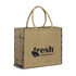 A jute tote bag in natural brown with decorative edges and a logo printed on one side.