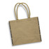 A jute tote bag in a light beige colour with patterned side detailing and strong handles. It features a logo.