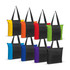 Avenue Tote Bags in a variety of colours including yellow, orange, red, green, blue, and purple with black accents and straps.