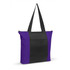 A tote bag featuring a combination of purple and black colors, with long black handles.