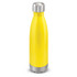 A drink bottle in bright yellow with a silver stainless steel base and cap, featuring a simple design and a logo.