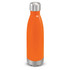 A drink bottle with a sleek, bright orange design and a metallic silver base and lid.