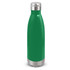 A drink bottle in vibrant green with a stainless steel base and metallic cap, featuring a logo on the body.
