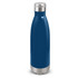 A drink bottle in a deep blue colour with a silver stainless steel base and cap. Features a logo.