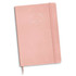 A pink foil-printed notebook with an elastic band and a ribbon marker, featuring a decorative logo.