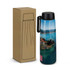 A drink bottle with a scenic full-colour design, featuring a black lid and a matching box for packaging.