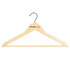 A wooden hanger in a light natural finish, featuring a black hook and a logo on the top.